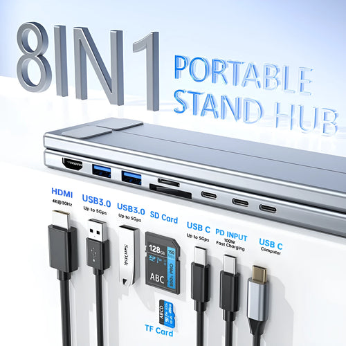 Aluminium folding laptop stand with built-in 8-in-1 USB-C and HDMI docking station ports.