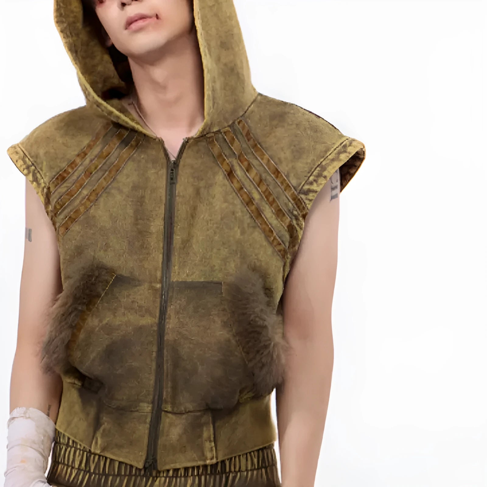 Korean style hooded sleeveless vest and trousers set with washed and worn stitching fur in black and grey
