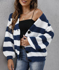 Blue striped women's cardigan with button front and regular sleeves made from deer plush fabric.