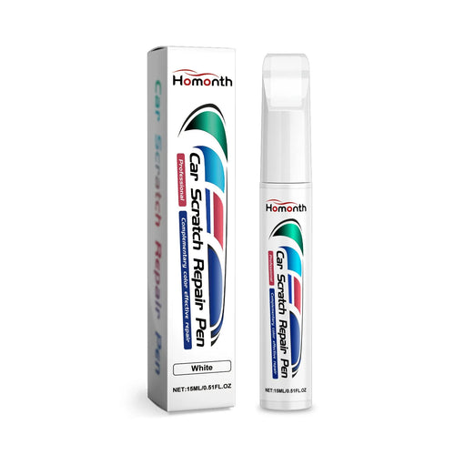Car scratch repair pen 2x11.8cm with black cap, white body, and label for touch up paint repairs