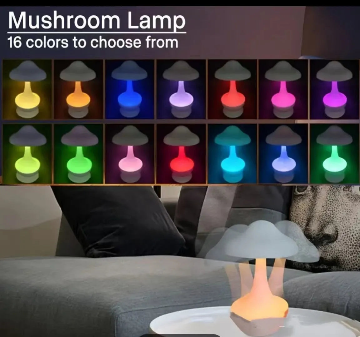 Tumbler mushroom RGB night lamp in white, ABS plastic, 90x160mm, with rechargeable base
