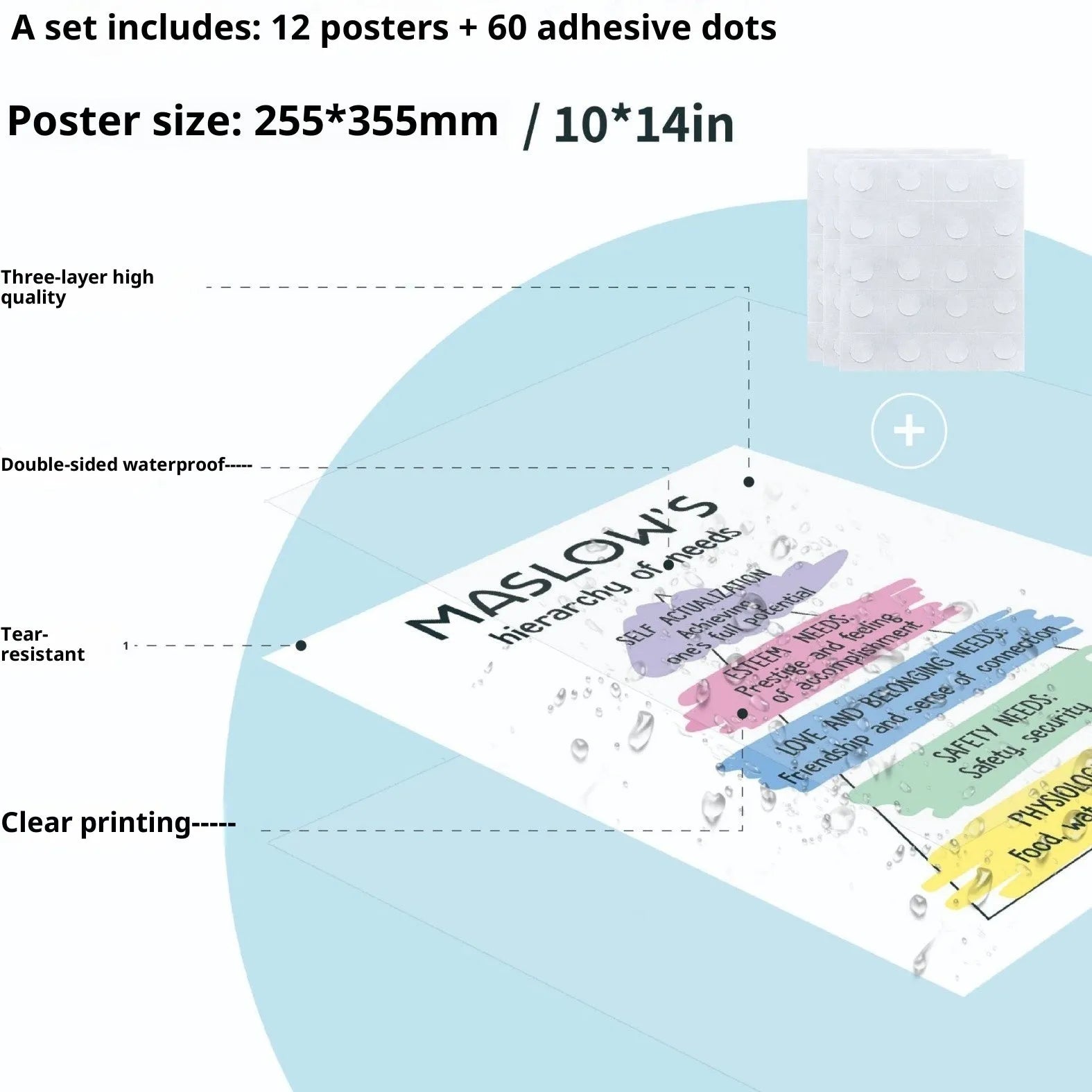 Set of 12 mental health posters on coated paper with bright film finish, 255x355mm each, including glue dots
