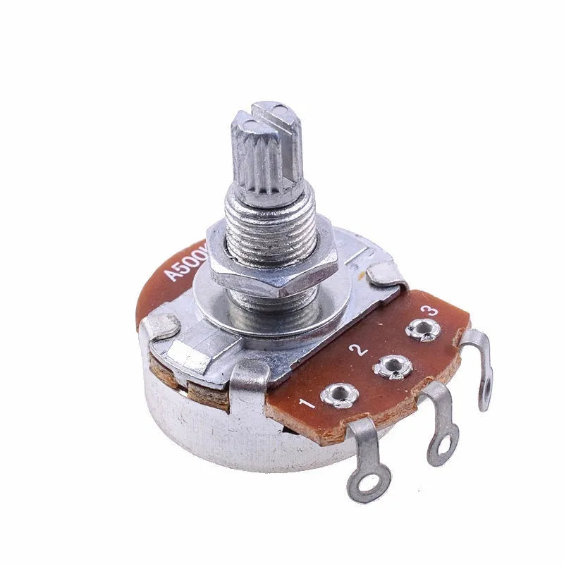 A single metal electric guitar control knob for potentiometers, shown with selection options for 250K or 500K resistance for tone or volume.