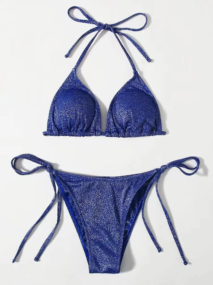 Women's two-piece bandage bikini swimsuit in polyester, shown in one of six colour options.