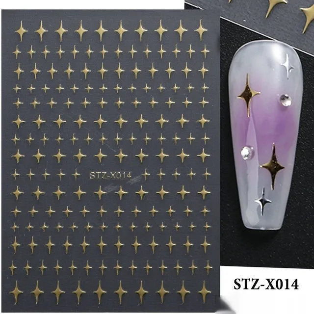 Cartoon-themed nail art sticker sheet with black and silver strip patterns and love motifs