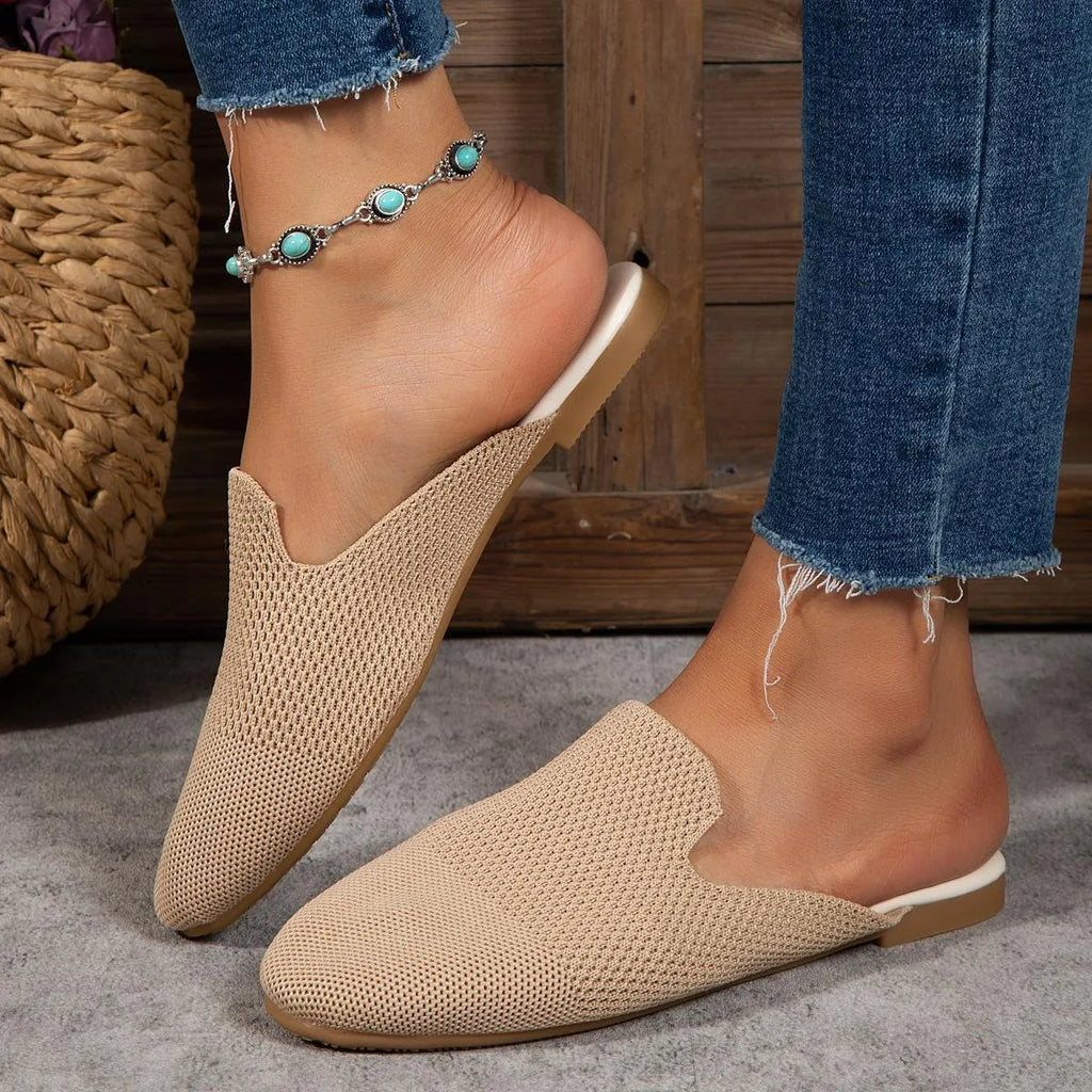 Women's apricot mesh slip-on sandals with round toe and rubber sole on a plain background.