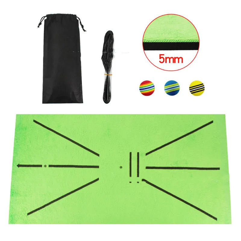 Indoor golf practice cutting pad with crystal swan suede surface and three rainbow balls on SBR base
