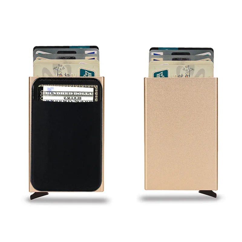 Slim aluminium metal credit card holder in frosted rose gold colour, showing front view.