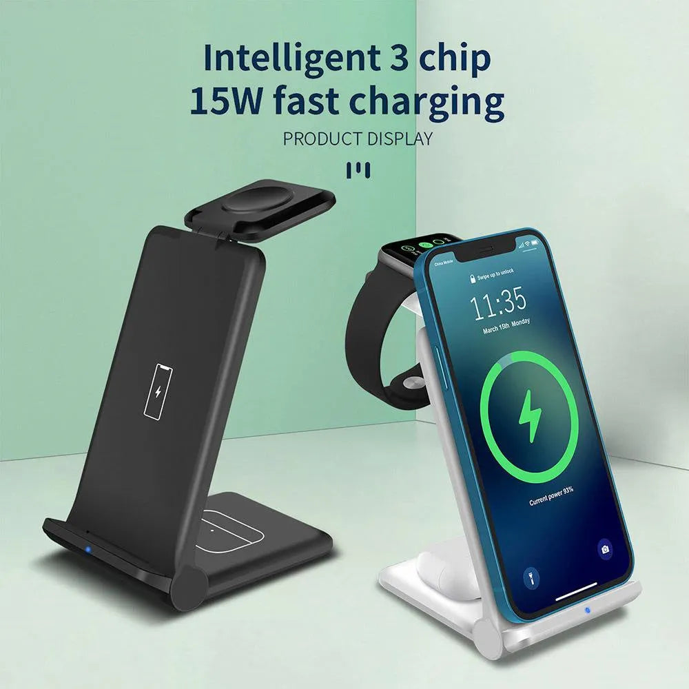 White 3-in-1 foldable wireless charging station showing iPhone, AirPods case, and Apple Watch on charging pads