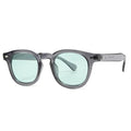 Simple round rim sunglasses with plastic frame and UV400 lenses on a plain background.