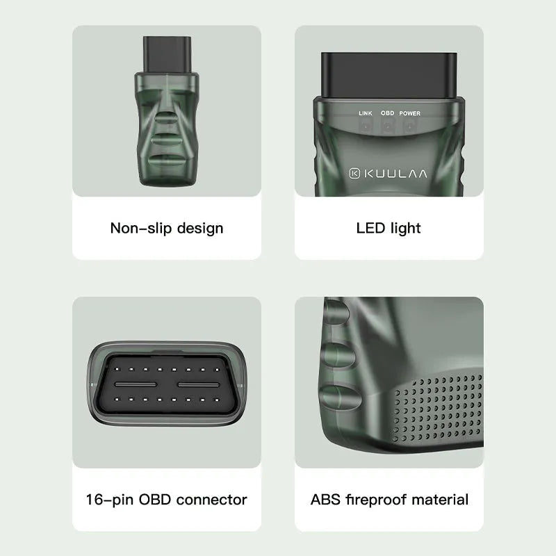 Green plastic Bluetooth OBD auto fault detector with user manual and packing box