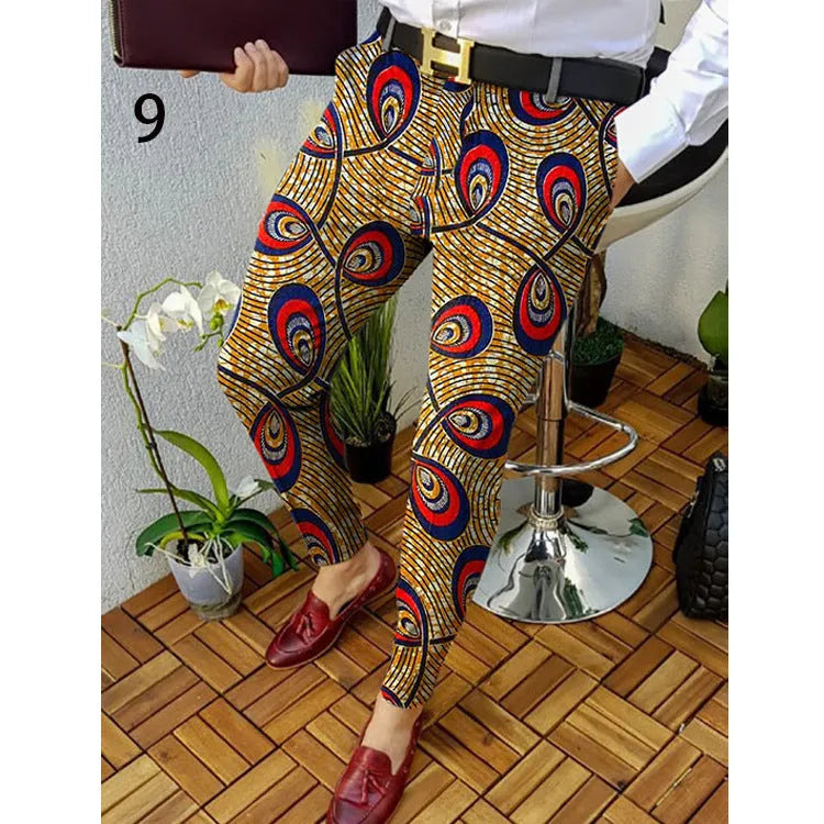 Men's straight-leg casual trousers with 3D printed plaid pattern in polyester blend fabric