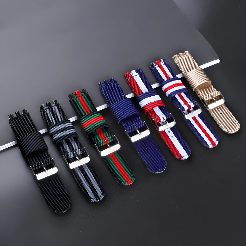 Nylon canvas watch strap in black with silver buckle, 20mm width, Business All-Match style