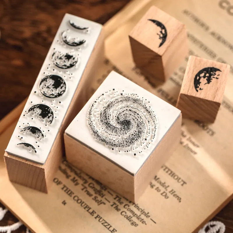 Mr Paper wooden decorative stamp set showing seven vintage design stamps for journal and craft projects