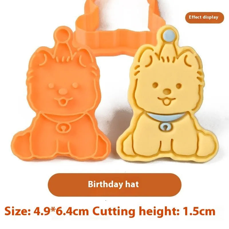 Three dimensional plastic puppy cartoon biscuit mould showing character designs