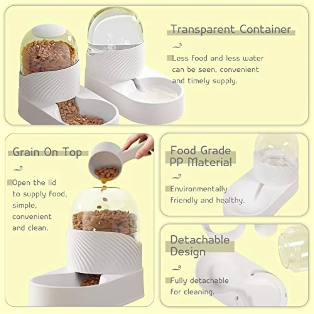 White automatic cat feeder and water dispenser set with wave-pattern design.