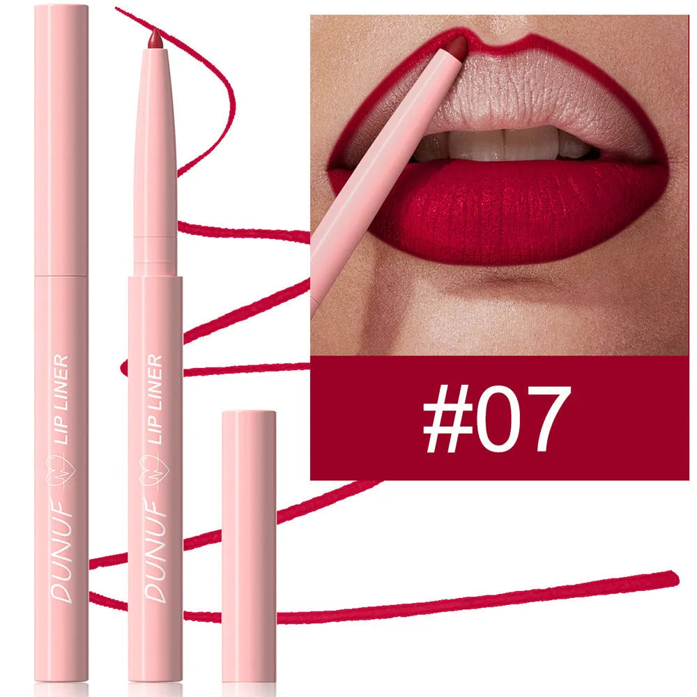 Velvet matte lip liner pencil in a display of 12 different colour shades.