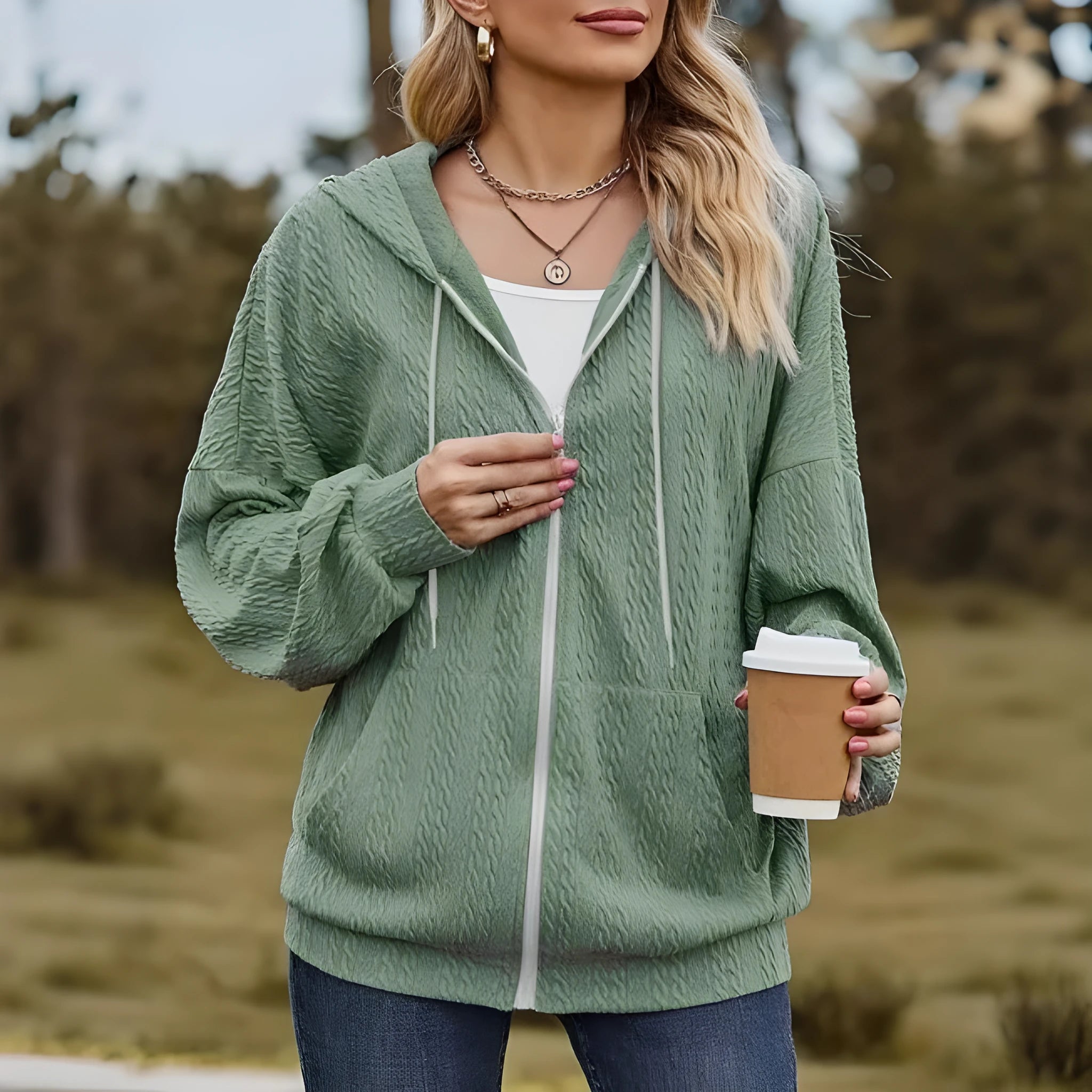 Green women's loose-fit hooded zip coat with front zipper, long sleeves, and a casual style.