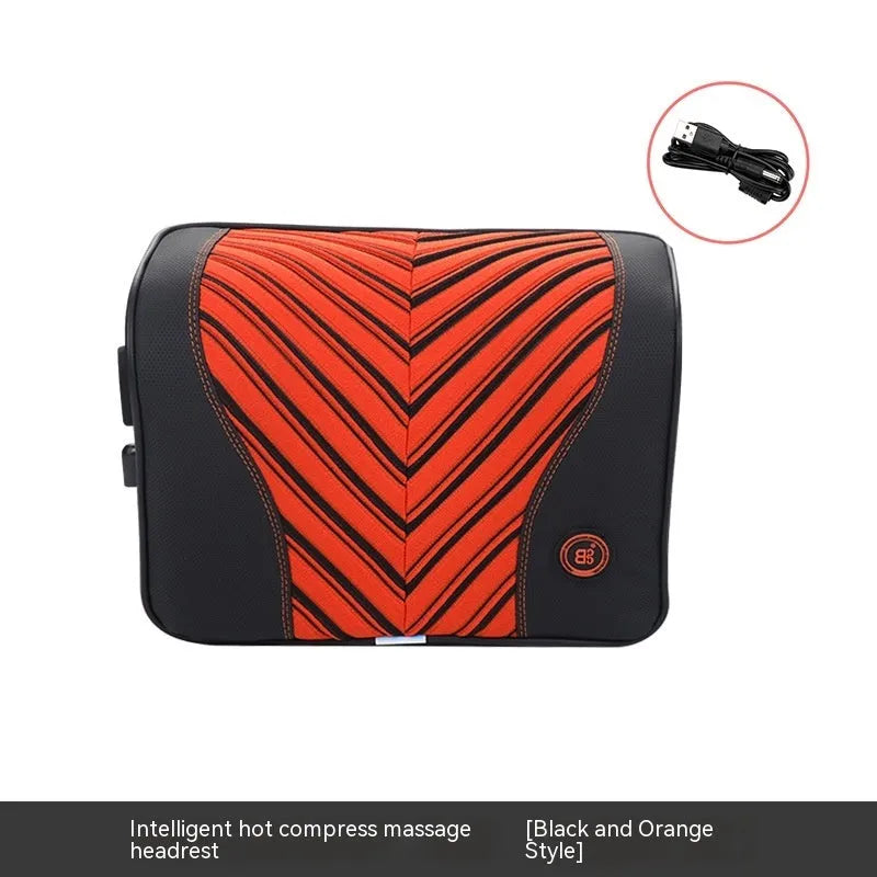 Black and red electric car massage headrest and lumbar support cushion with leather mesh fabric.