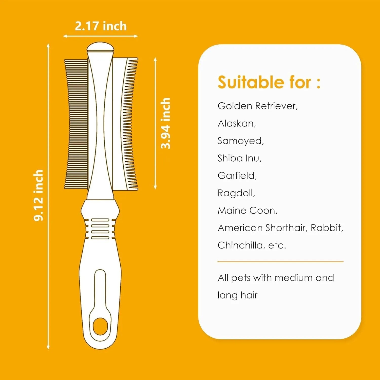 White double-sided dog and cat grooming brush with curved comb and deshedding brush sides.