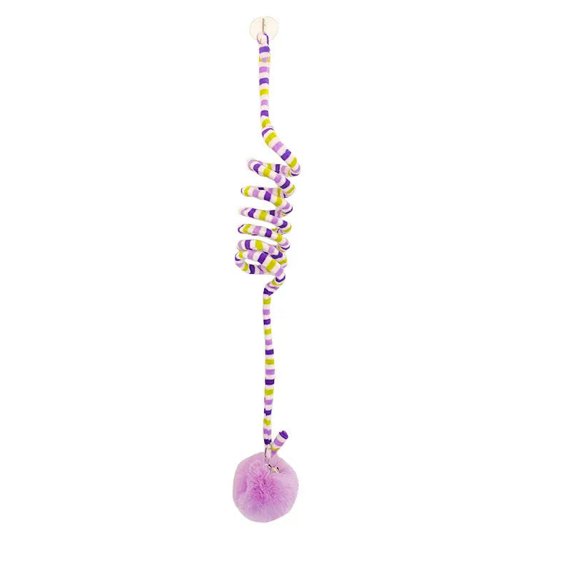 Hanging cat toy set with suction cup, colourful inflatable ball, and bell stick for kitten play.