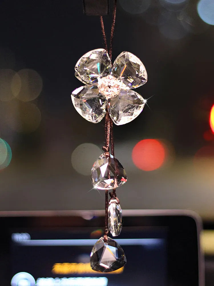 Crystal Four Leaf Grass car pendant decoration in four colour options on a 20cm chain.