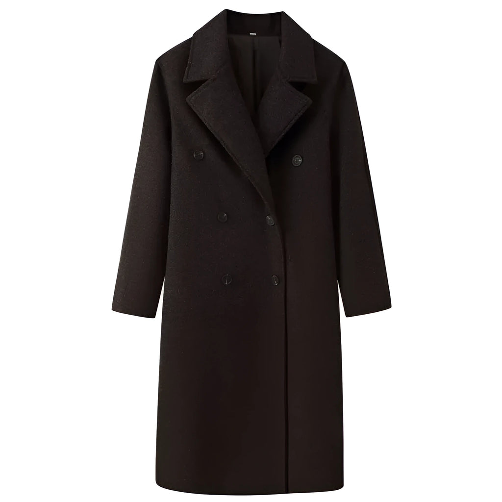 Double-breasted wool coat for women, extended length over 100cm, literary retro style, blend fabric with spandex, sizes S-L.