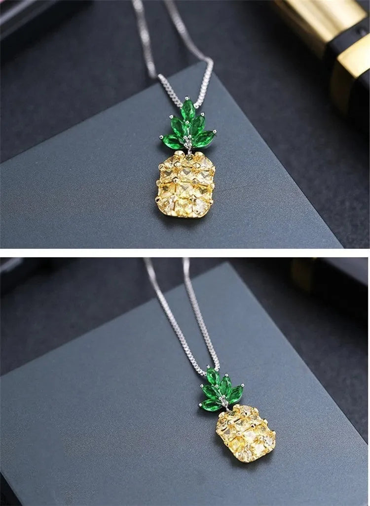 Silver-plated women's necklace with a geometric pineapple diamond charm in a copper white gold finish.