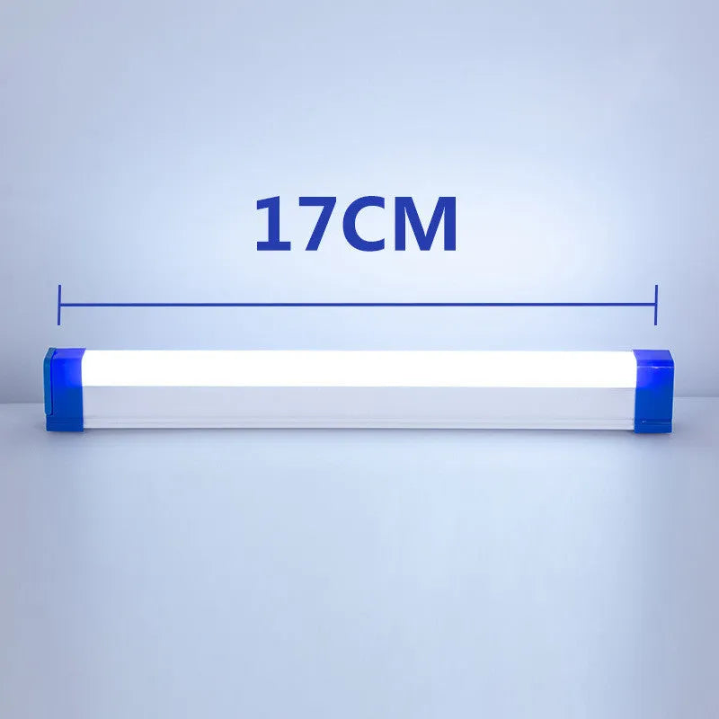 Rechargeable dimmable LED tube light in blue or purple colour showing 17cm, 32cm, and 52cm size options.