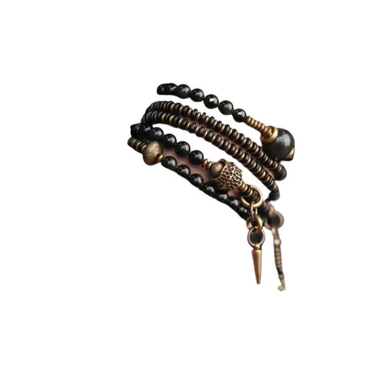 Black retro colourful geometric beaded bracelet with a multi-layered design.