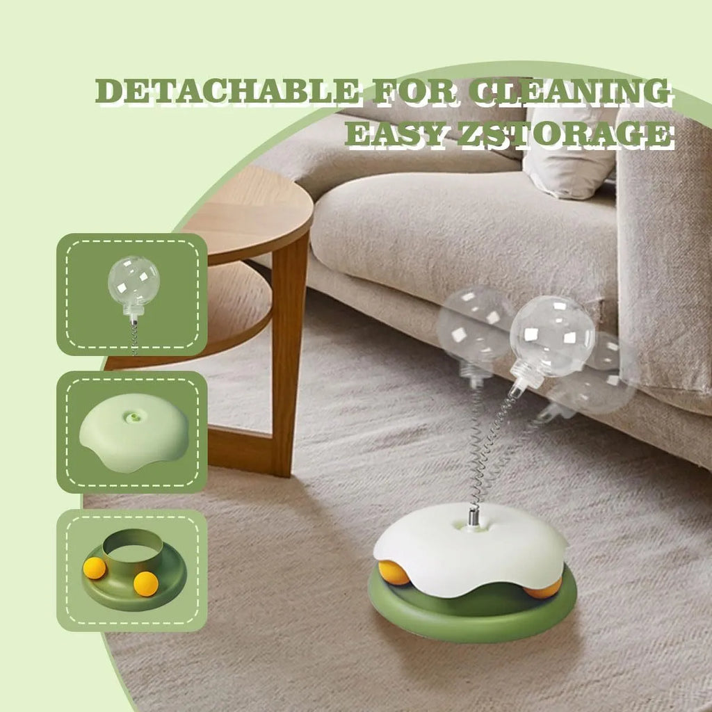 Blue and green non-toxic PP plastic cat treat dispenser toy with track ball, shown dismantled for cleaning