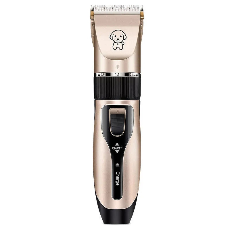 Dog shaver with titanium ceramic blade, rechargeable lithium battery, guide combs, and charger on a white background