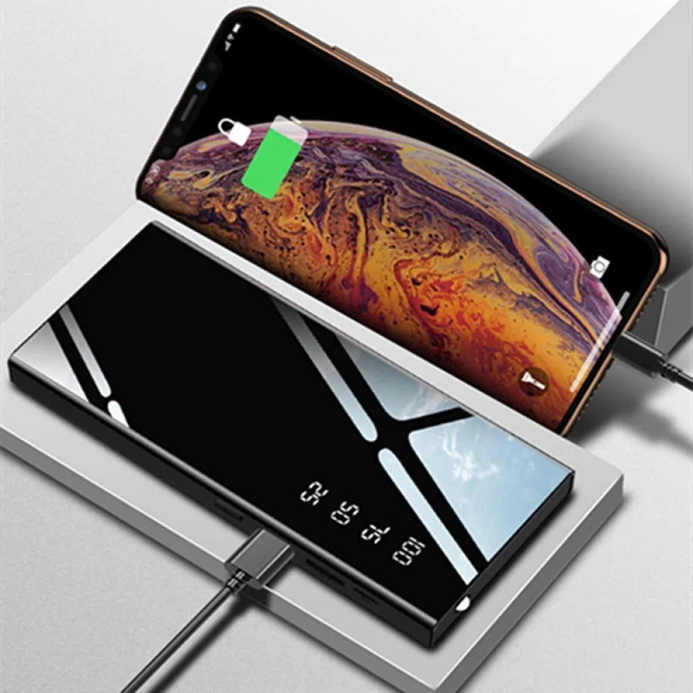 Black 20000mAh portable power bank with LCD screen and two USB ports