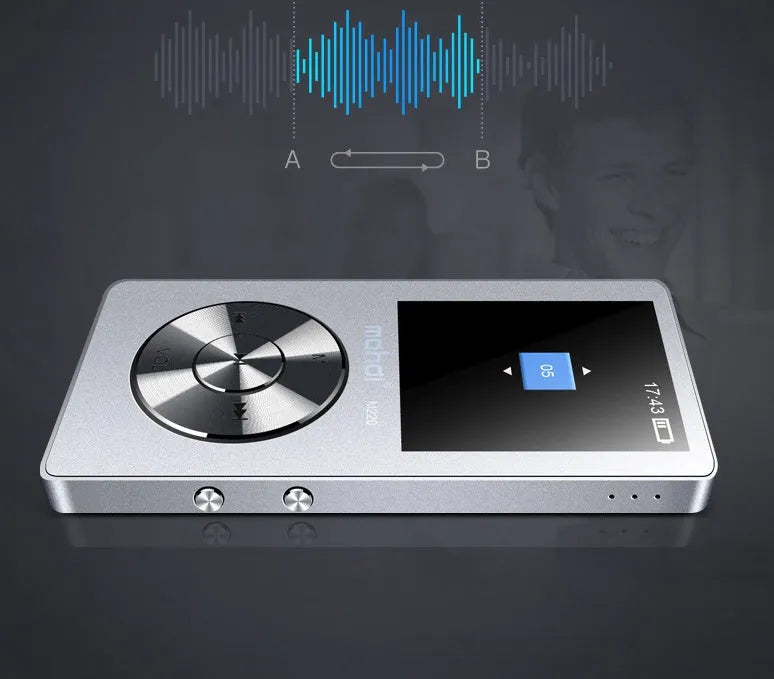 Gold, silver, and black all-metal MP3 player with 1.8-inch screen showing menu.