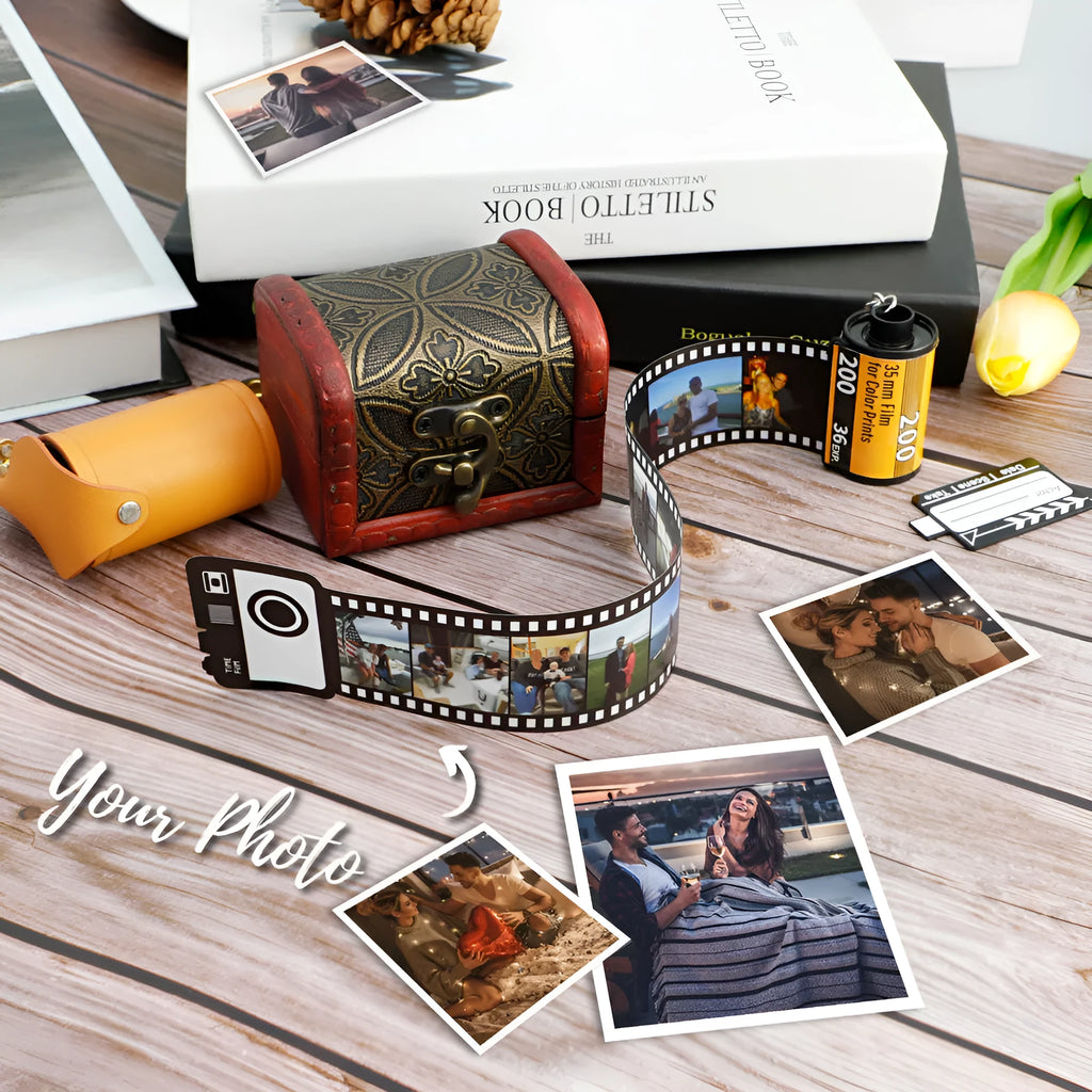 Yellow plastic custom photo keychain with film roll design featuring a personalised picture insert