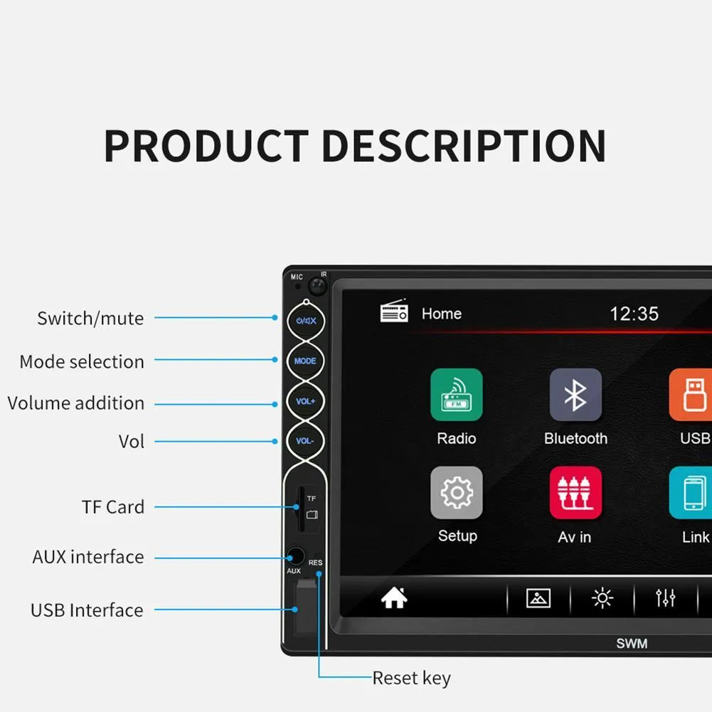 7-inch double DIN car radio MP5 player with colourful LED 800x480 TFT touchscreen Bluetooth USB SD