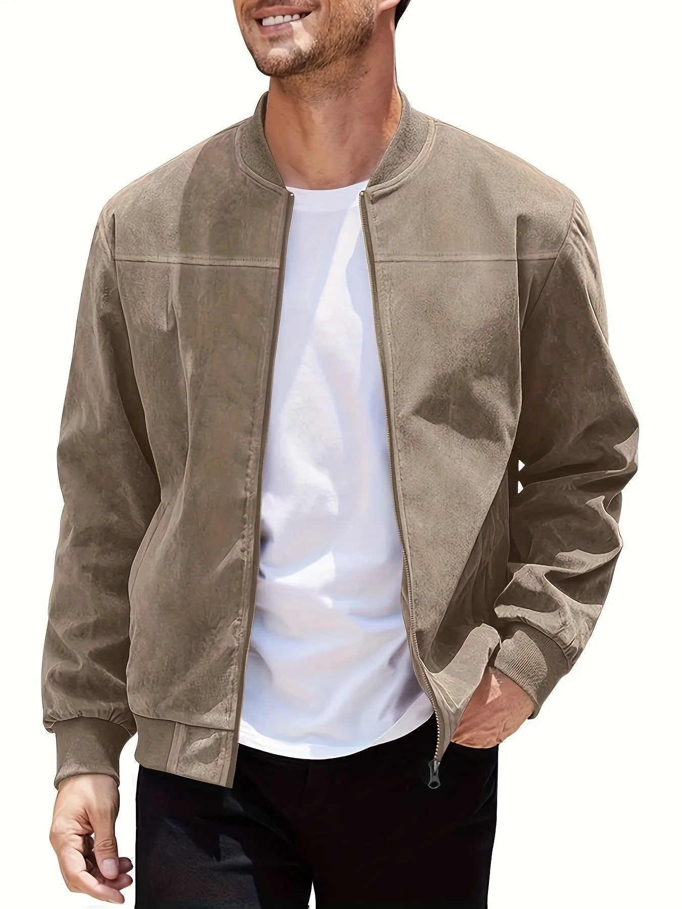 Men's plus size casual jacket in polyester suede fabric, shown in Army Green colour.