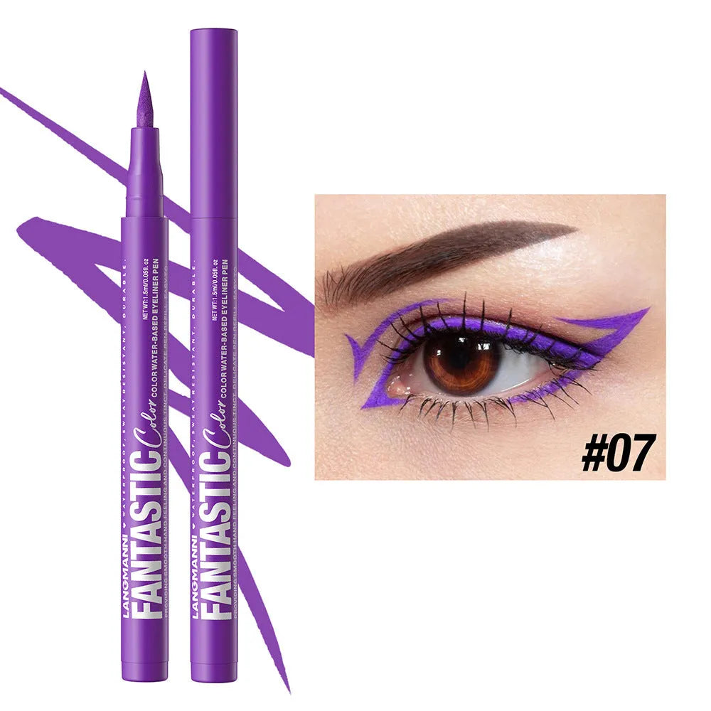 Matte anti-smudge liquid eyeliner in twelve colours including white, gold, purple, brown, blue, and iron grey