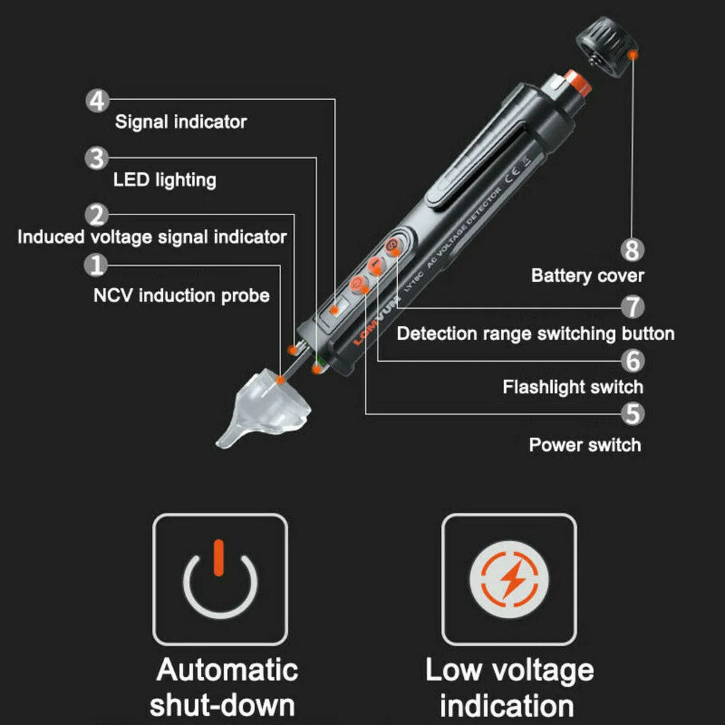Intelligent multi-function line detection induction pen with sensor tip for electrical testing.