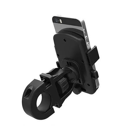 Black ABS plastic bicycle handlebar phone mount with a security strap, holding a smartphone.