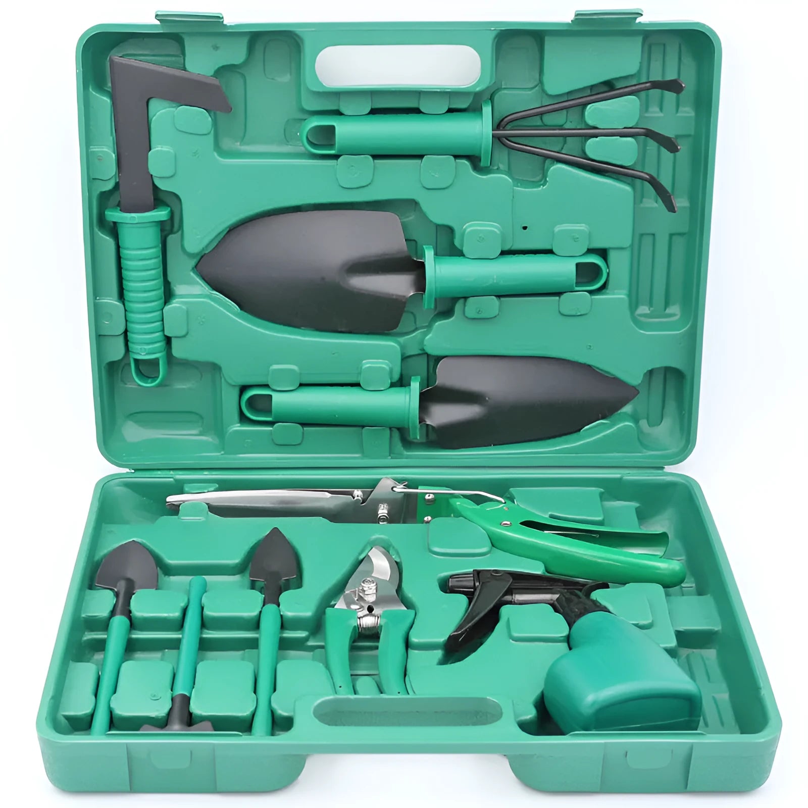 Ten-piece gardening tool set with iron heads and plastic handles in green colour