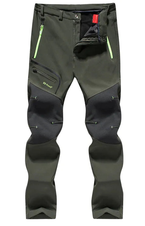 Men's outdoor hiking pants in Army Green with polar fleece lining, waterproof 5000mm, breathable fabric for winter and spring activities