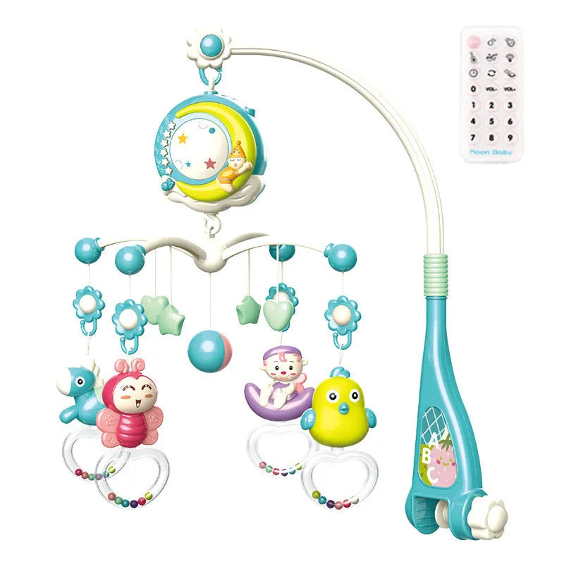 Rotating baby crib mobile with music box, projection, and remote control - plastic, available in blue and pink