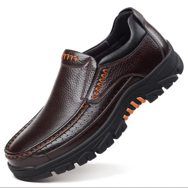 Men's black leather slip-on business casual shoes with a rubber sole, shown on a neutral background.