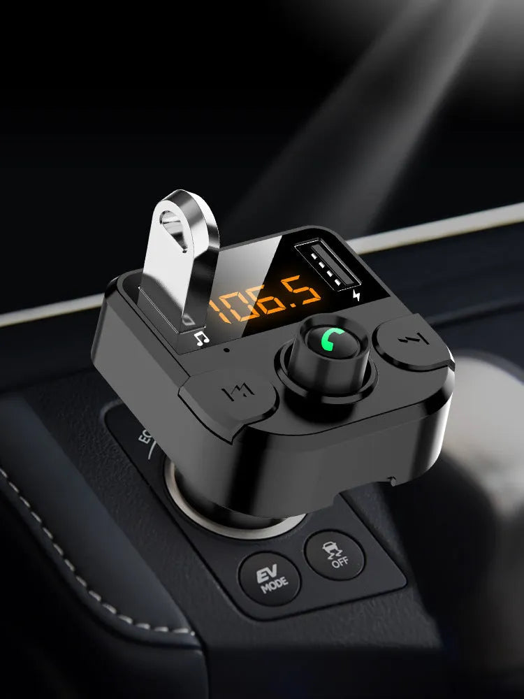 Black BT36B Bluetooth car MP3 player with 1.1-inch screen for cigarette lighter socket.