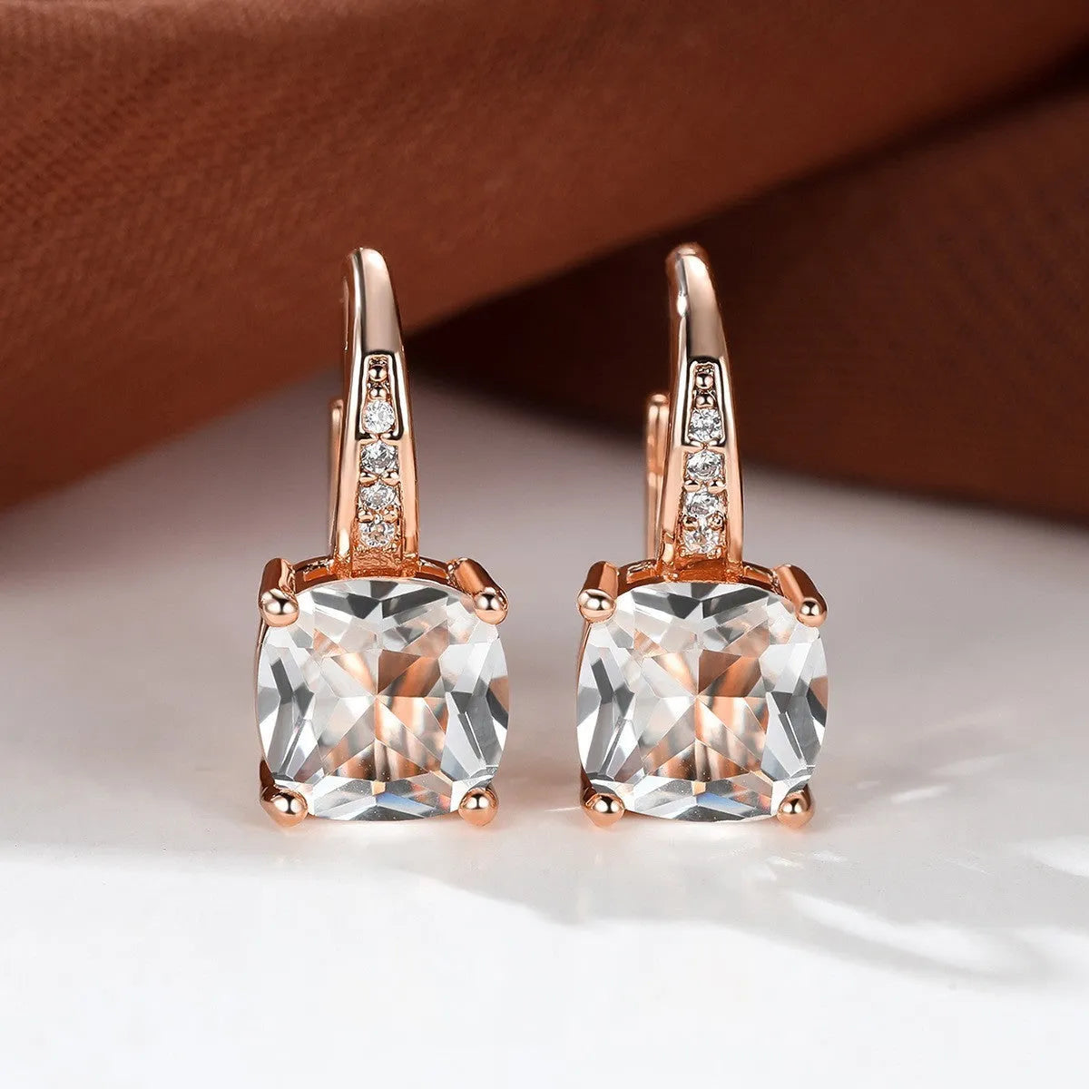 Square geometric ear hooks with round zircon inlays in gold, platinum, or rose gold finish