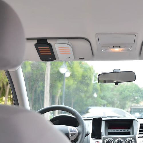 Car sun visor set with four shading tablets stored in a grey vehicle-mounted bag.