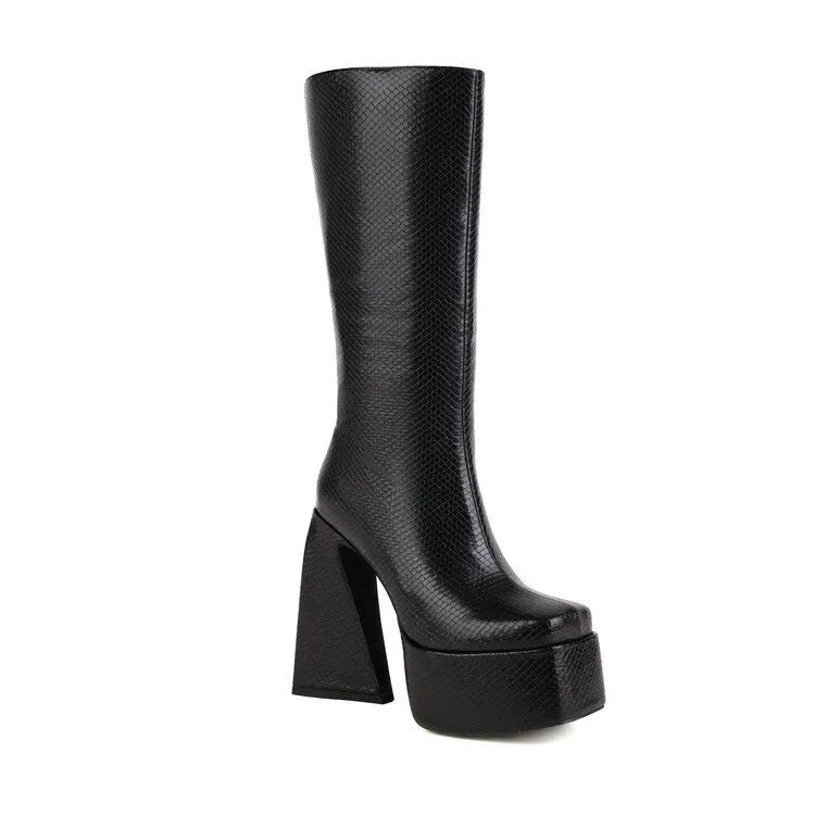 Women's black casual high boots with a PU leather upper, shown alongside red, blue, and white colour options.