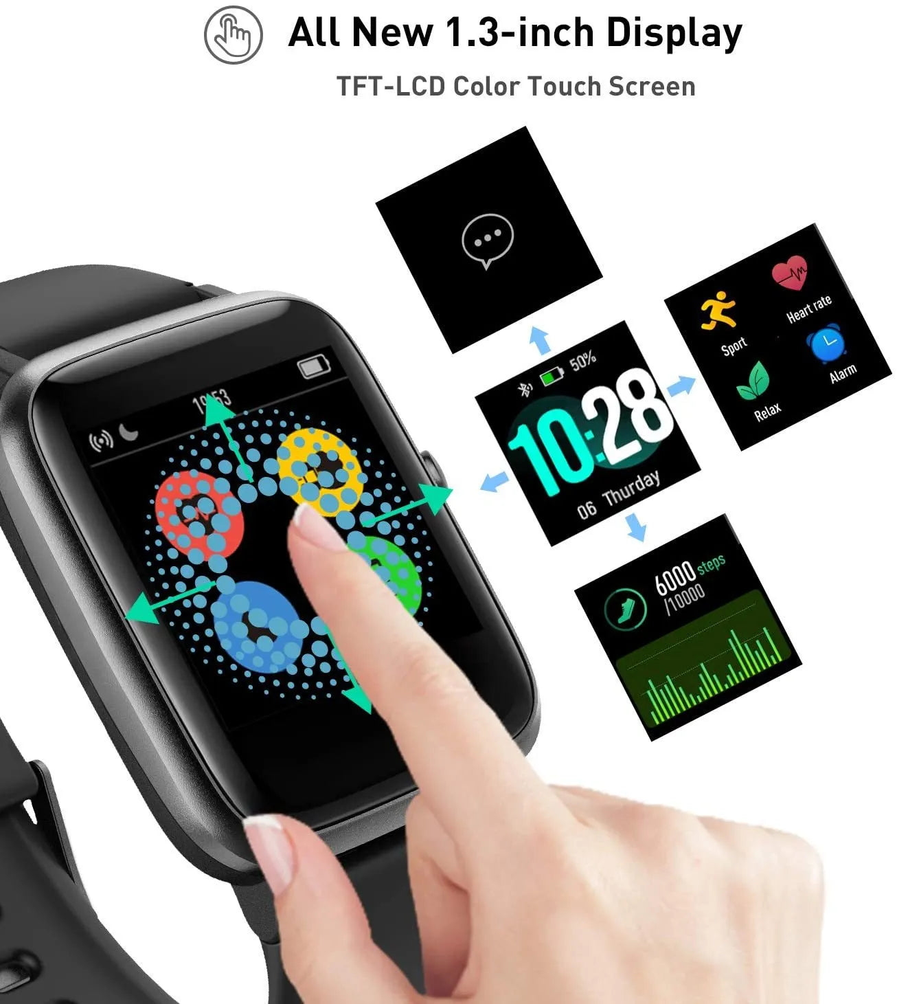 Smart multi-function bracelet in black with heart rate and sleep monitor, IP68 waterproof