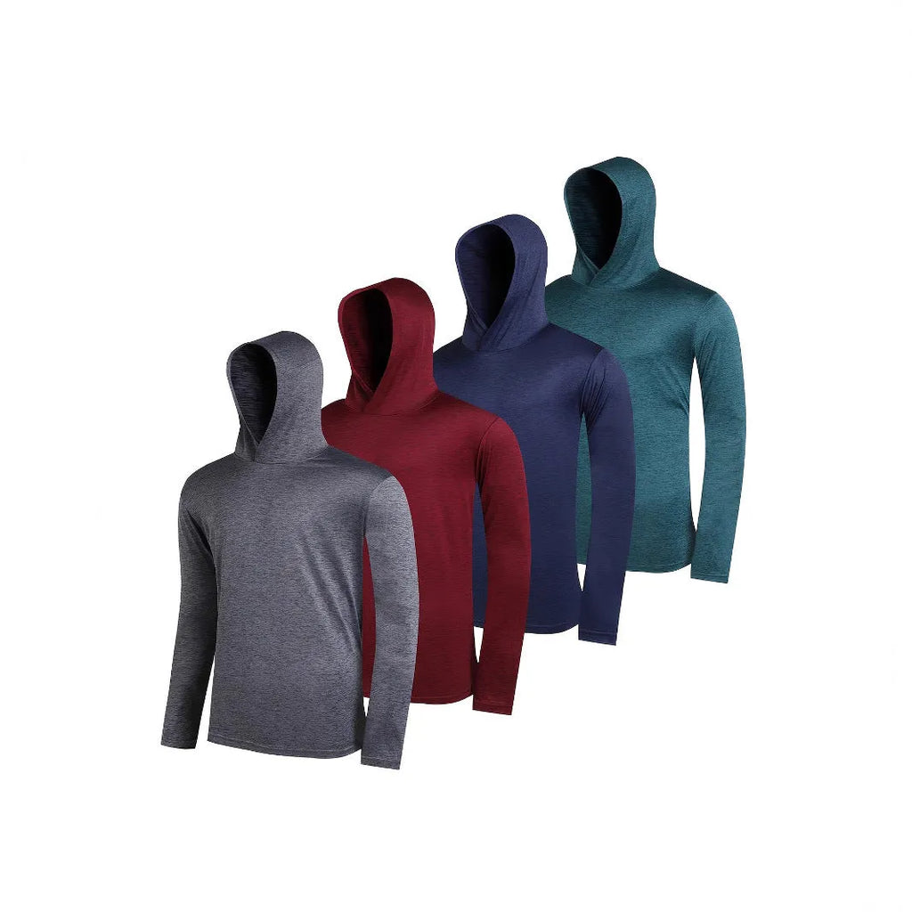 Set of four men's lightweight hoodies in elastic polyester fabric, shown in multiple colours.